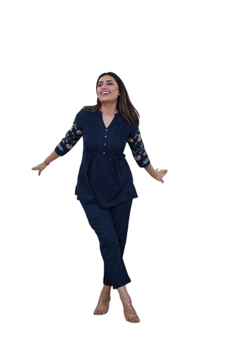 LoomBella LifestyleWomen's Cotton Embroidery Straight Short Kurti with Pant Set