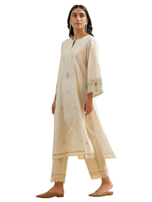 LoomBella LifestyleWomen's Cotton Embroidered Straight Kurti with Pant