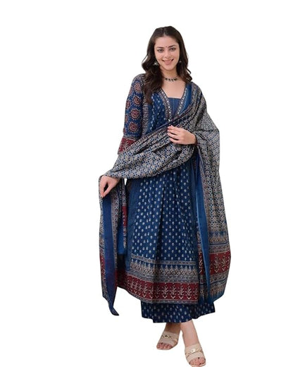 LoomBella LifestyleWomen's Cotton Printed A Line Premium Kurti with Pant and Dupatta Set