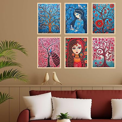 FAB CRAFT STUDIO Set of Six Madhubani Wall Paintings for Wall Dacoration Large Framed Wall Paintings for Living Room & Bedroom Wall Art for Home Decoration & Office Wall Décor