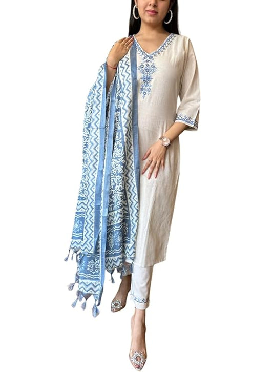 LoomBella Lifestyle Women's Cotton Embroiderd Straight Kurti with Pant and Printed Dupatta Set
