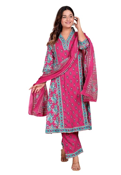 LoomBella LifestyleWomen's Cotton Printed Straight Kurti With Pant and Dupatta Set