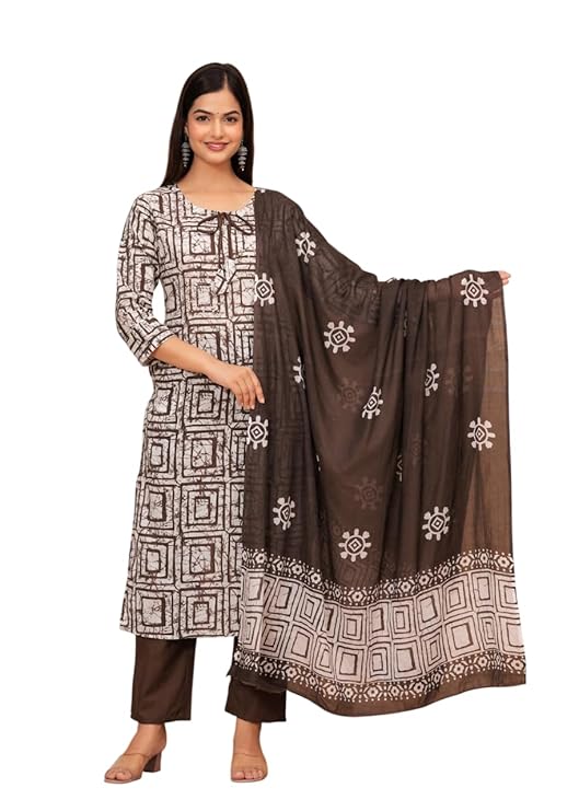 LoomBella Lifestyle Women's Cotton Hand Block Printed Straight Kurti with Pant and Printed Dupatta