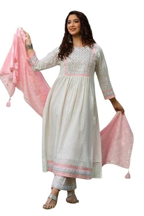 LoomBella LifestyleWomen's Cotton Embroidered Nayra Cut Kurti With Pant and Dupatta Set
