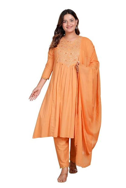 LoomBella Lifestyle Women's Cotton Embroidered Anarkali Kurti With Pant and Dupatta Set