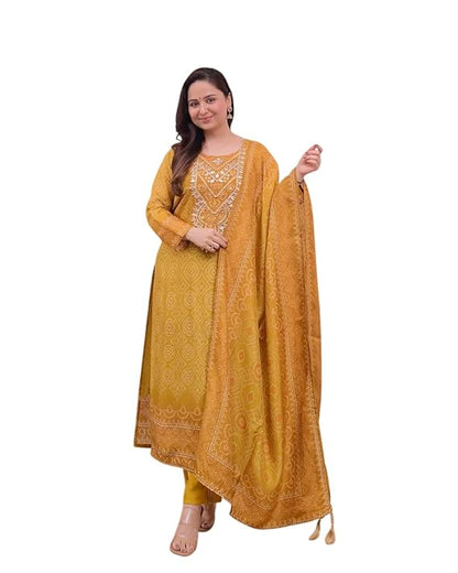 LoomBella Lifestyle Women's Silk Embroidered Straight Kurti with Pant and Dupatta Set
