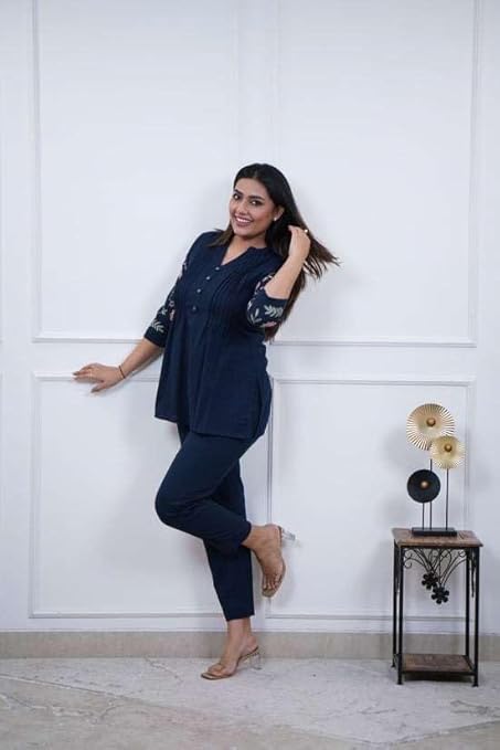 LoomBella LifestyleWomen's Cotton Embroidery Straight Short Kurti with Pant Set