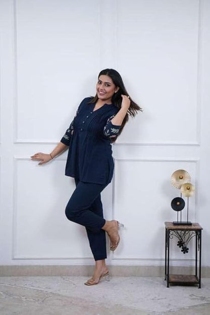 LoomBella LifestyleWomen's Cotton Embroidery Straight Short Kurti with Pant Set