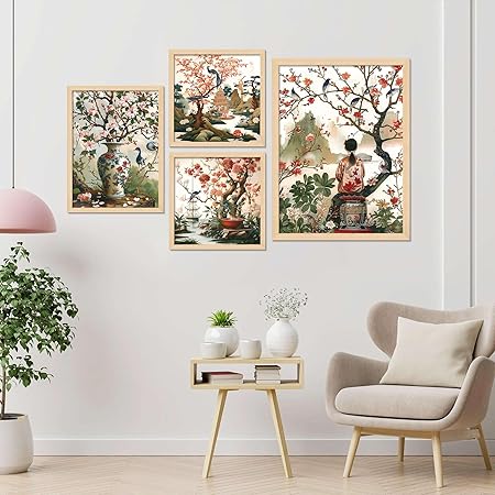FAB CRAFT STUDIO Madhubani Set of Four Framed Painting for Wall Painting Decoration, Painitngs for home Decorations, Scenery for Living Room Decor