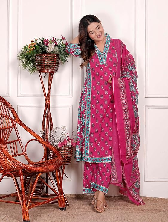 LoomBella LifestyleWomen's Cotton Printed Straight Kurti With Pant and Dupatta Set