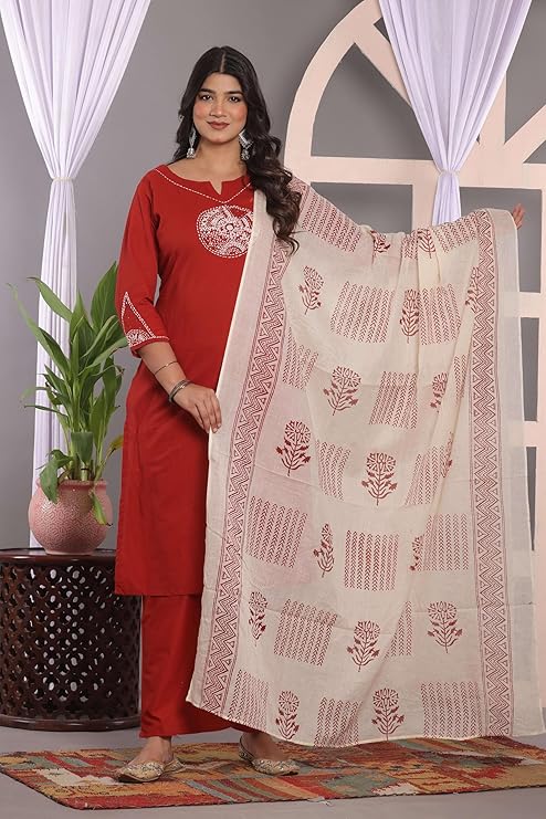 LoomBella Lifestyle Women's Cotton Embroidery Straight Kurti with Pant Set