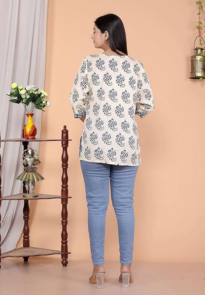 LoomBella LifestyleWomen's Cotton Block Printed Short Straight Kurti Perfect for Casual, Formal, and Ethnic Wear
