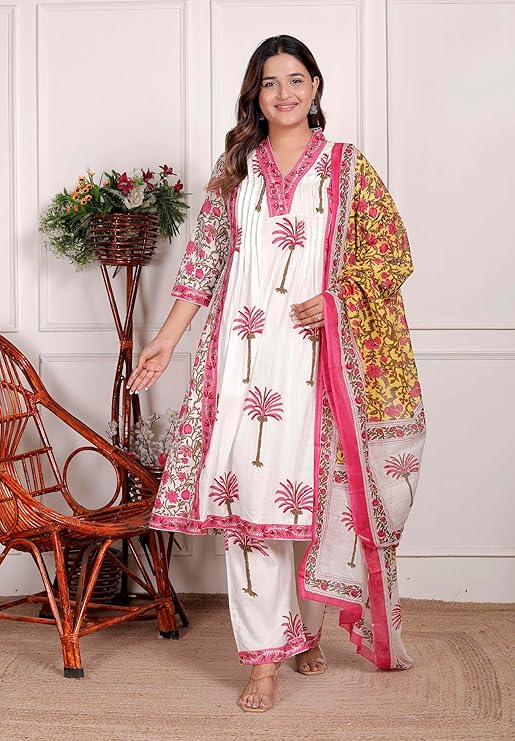 LoomBella Lifestyle Women's Cotton Printed Straight Kurti With Pant and Dupatta Set