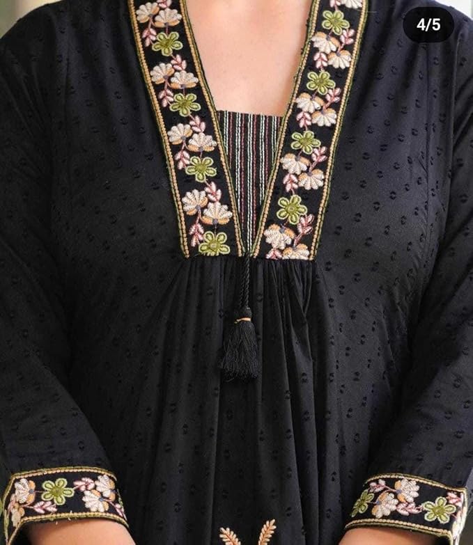 LoomBella LifestyleWomen's Cotton Embroidery Straight Kurti with Pant Set