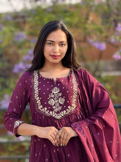 LoomBella LifestyleWomen's Cotton Embroidery Anarkali Kurti and Pant with Dupatta Set