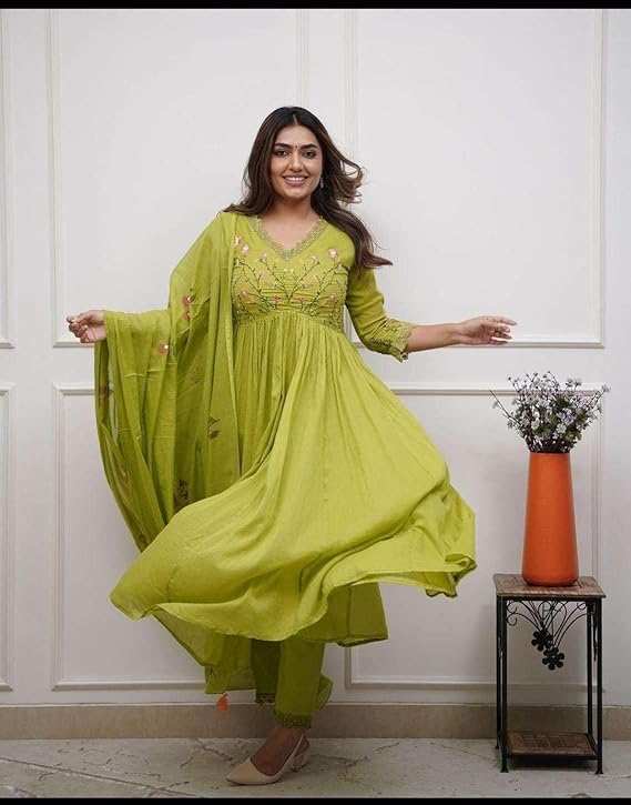 LoomBella Lifestyle Women's Cotton Embroidered Long Anarkali Kurti with Pant and Dupatta Set