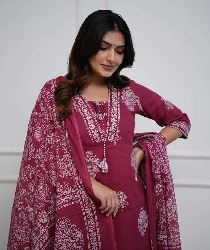 LoomBella LifestyleWomen's Cotton Printed Straight Kurti with Pant and Dupatta Set
