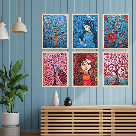 FAB CRAFT STUDIO Set of Six Madhubani Wall Paintings for Wall Dacoration Large Framed Wall Paintings for Living Room & Bedroom Wall Art for Home Decoration & Office Wall Décor