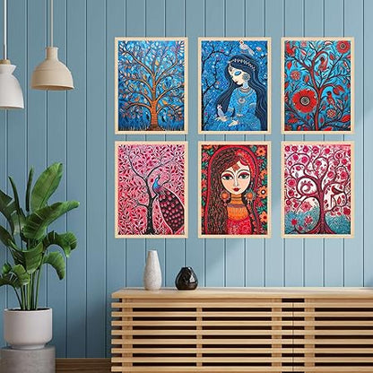 FAB CRAFT STUDIO Set of Six Madhubani Wall Paintings for Wall Dacoration Large Framed Wall Paintings for Living Room & Bedroom Wall Art for Home Decoration & Office Wall Décor
