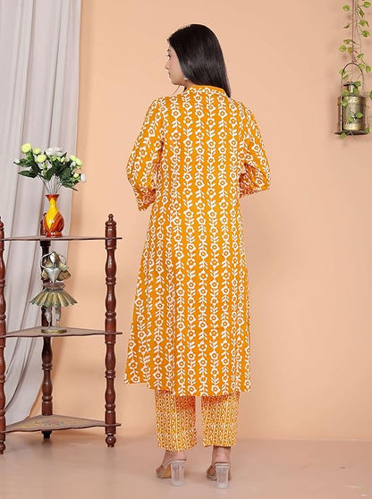 LoomBella Lifestyle Women's Cotton Floral Printed Mandarin Collar A-Line Kurti with Pant