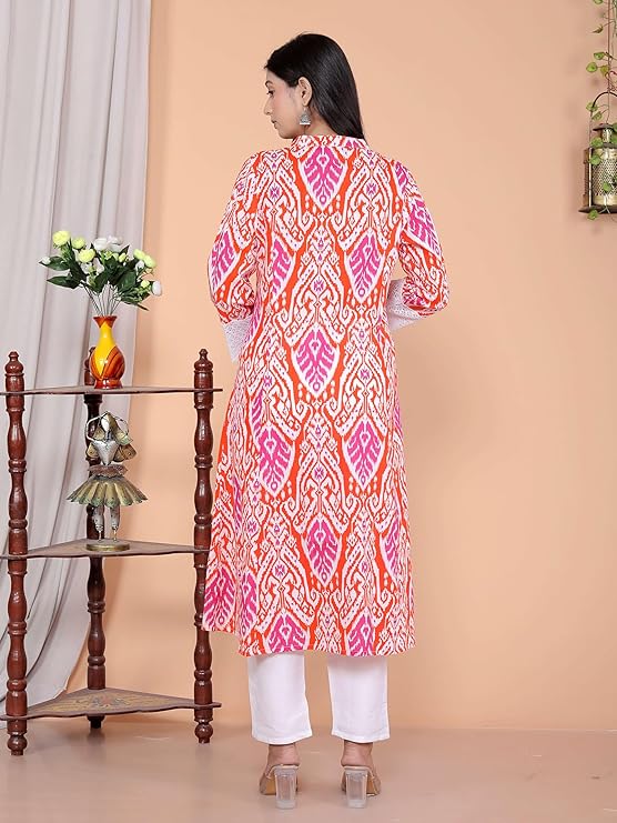 LoomBella LifestyleWomen's Cotton Printed Mandarin Collar A-Line Kurti with Pant