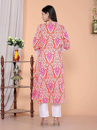 LoomBella LifestyleWomen's Cotton Printed Mandarin Collar A-Line Kurti with Pant