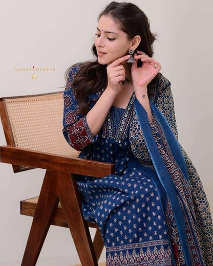 LoomBella LifestyleWomen's Cotton Printed A Line Premium Kurti with Pant and Dupatta Set