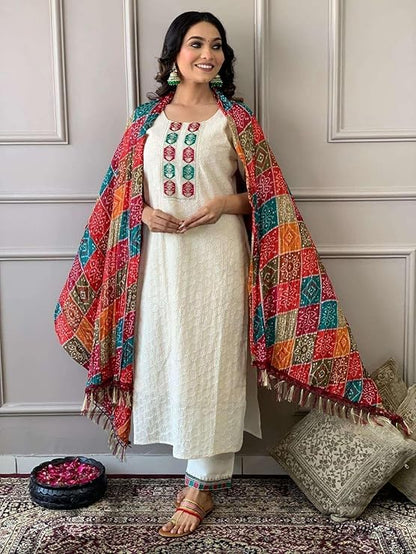 LoomBella Lifestyle Women's Cotton Chikankari Print Straight Kurti with Pant and Mulmul Dupatta Set