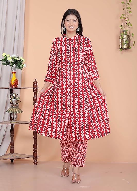LoomBella LifestyleWomen's Rayon Floral Printed Mandarin Collar A-Line Kurti with Trousers
