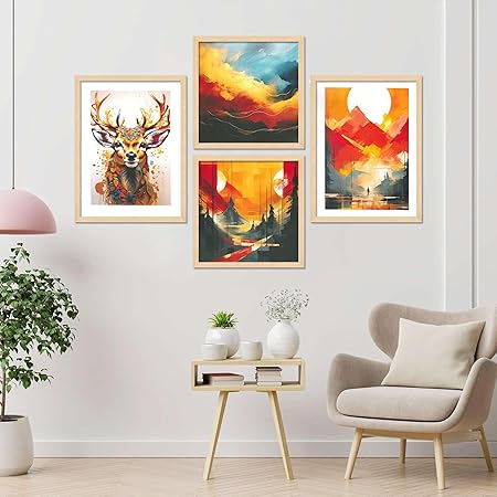 FAB CRAFT STUDIO Set of Four Framed Painting for Wall Painting Decoration, Painitngs for home Decorations, Scenery for Living Room Decor