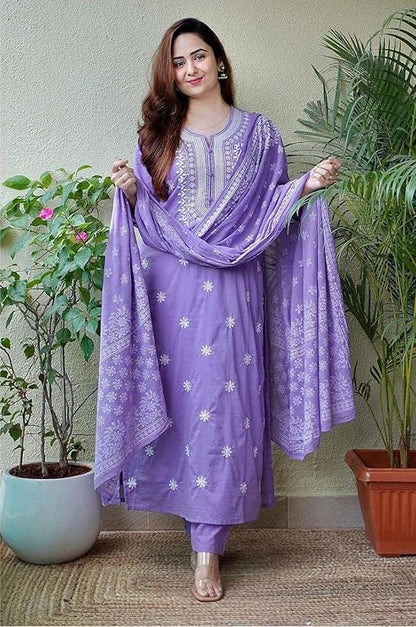 Women’s Cotton Floral Printed Straight Kurti With Pant and Dupatta