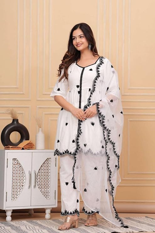 LoomBella Lifestyle Women's Cotton Embroidery Work Straight Kurti with Pant and Dupatta Set