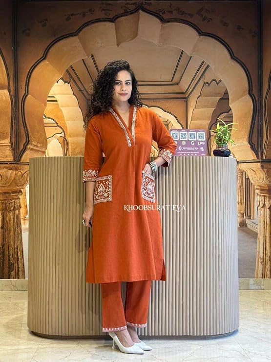 LoomBella LifestyleWomen's Cotton Embroidery Straight Kurti with Pant Set