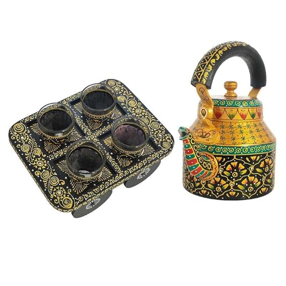 FAB CRAFT STUDIO Handpainted Alluminium Tea Kettle with Four Glasses and Wooden Tray for Home Dcor Tea Party Serving