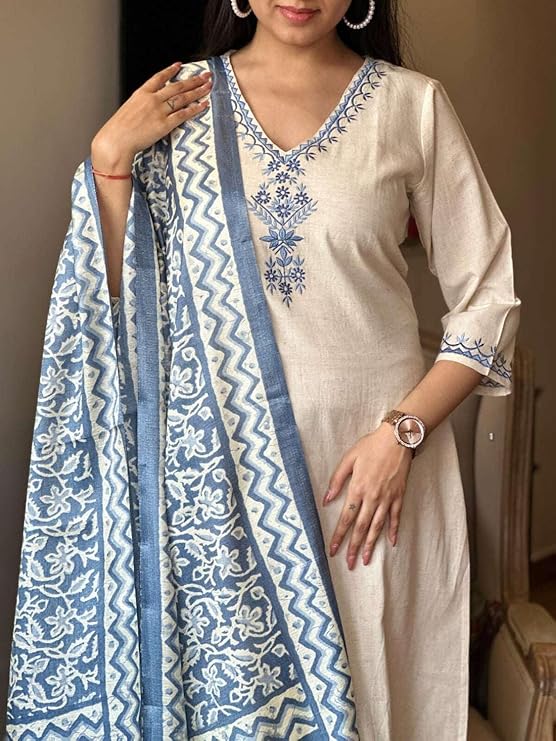 LoomBella Lifestyle Women's Cotton Embroiderd Straight Kurti with Pant and Printed Dupatta Set