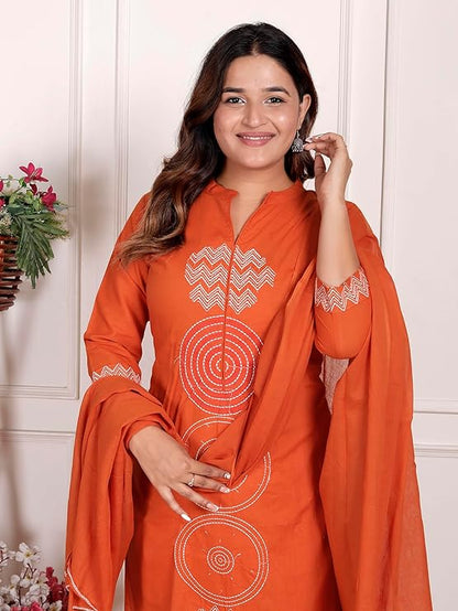 LoomBella Lifestyle Women's Cotton Printed Straight Kurti With Pant and Dupatta Set