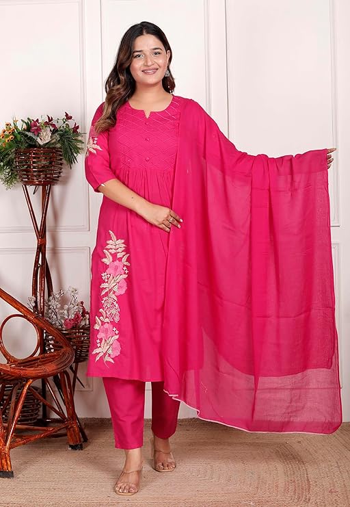 LoomBella Lifestyle Women's Cotton Embroidered Straight Kurti With Pant and Dupatta Set