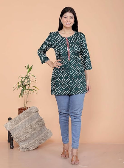 LoomBella Lifestyle Bandhej Printed Straight Kurti Perfect for Casual, Formal, and Ethnic Wear