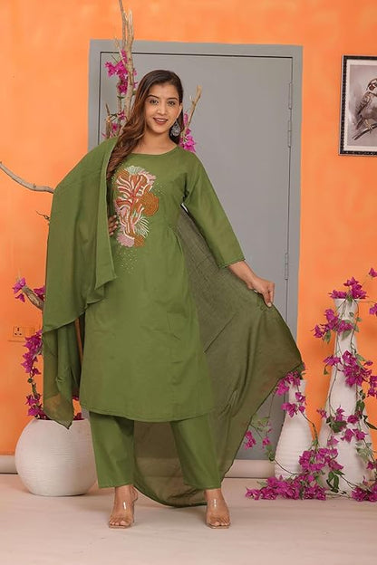 LoomBella Lifestyle Women's Cotton Embroidery Straight Kurti with Pant Set