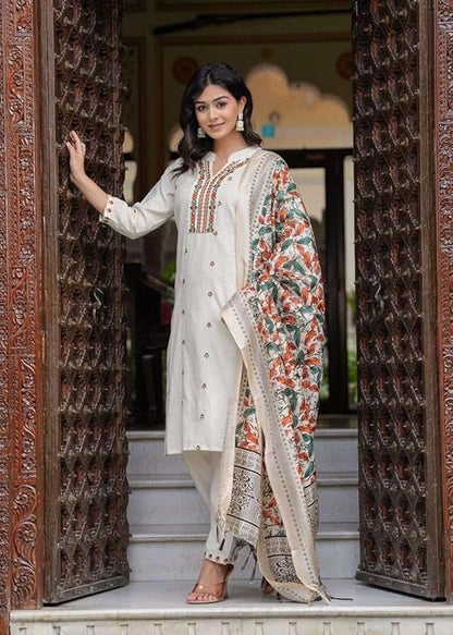 LoomBella Lifestyle Women's Cotton Embroidered Straight Kurti with Pant and Dupatta Set