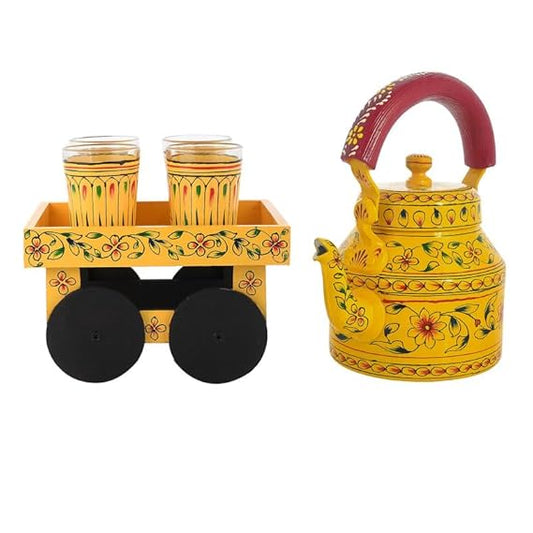 FAB CRAFT STUDIO Handpainted Alluminium Tea Kettle with Four Glasses and Wooden Tray for Home Dcor Tea Party Serving
