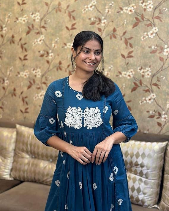 LoomBella LifestyleWomen's Cotton Printed Long Anarkali Kurti with Pant