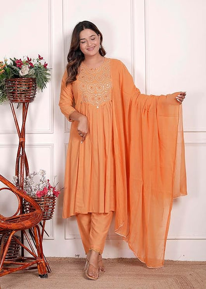 LoomBella Lifestyle Women's Cotton Embroidered Anarkali Kurti With Pant and Dupatta Set