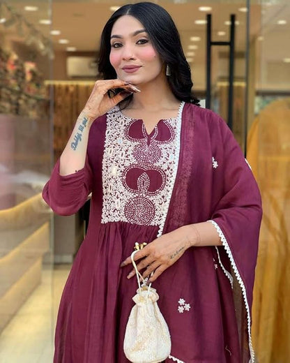 LoomBella LifestyleWomen's Cotton Printed Anarkali Kurti with Pant and Mulmul Dupatta Set