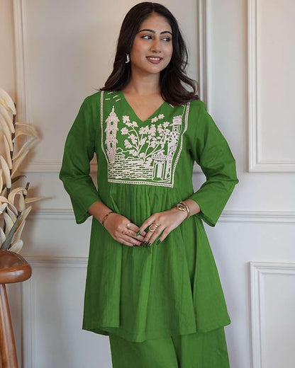 LoomBella Lifestyle Women's Cotton Embroidered Short Anarkali Kurti with Pant