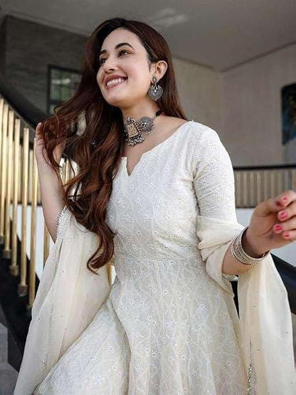 LoomBella LifestyleWomen's Cotton Chikankari Long Anarkali Kurti With Dupatta (White)