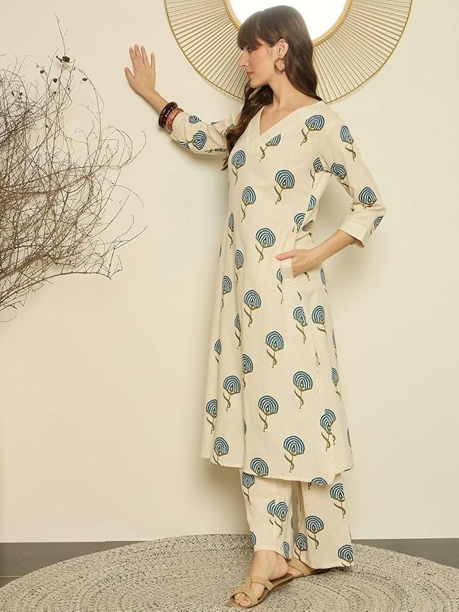 Women's Beige Printed Cotton Kurta with Palazzo Co-Ord Set | V-Neck Casual Ethnic Wear
