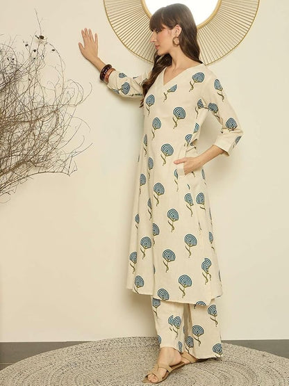 Women's Beige Printed Cotton Kurta with Palazzo Co-Ord Set | V-Neck Casual Ethnic Wear