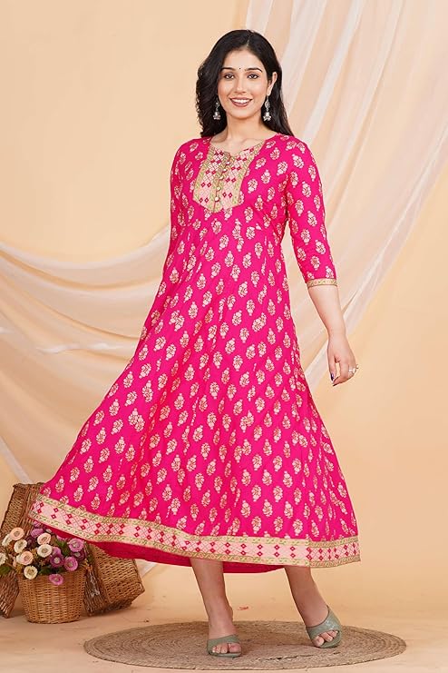 LoomBella LifestyleWomen's Rayon Printed Anarkali Short Kurti Gown