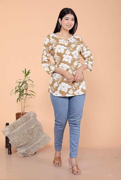 LoomBella LifestyleWomen's Cotton Floral Printed Straight Short Kurta Perfect for Casual, Formal, and Ethnic Wear